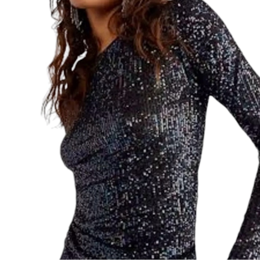 New Free People Gold Rush Black Sequin Combo L/S Top, Sz Sm